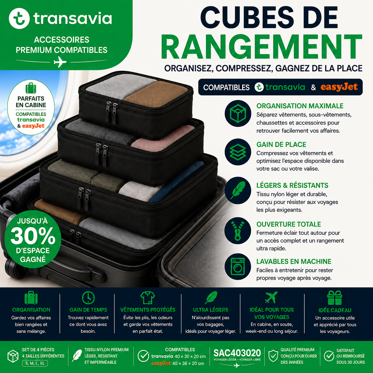 Cubes de rangement compatibles EasyJet et Transavia