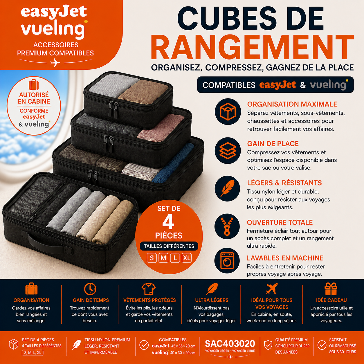 Cubes de rangement compatibles EasyJet et Vueling