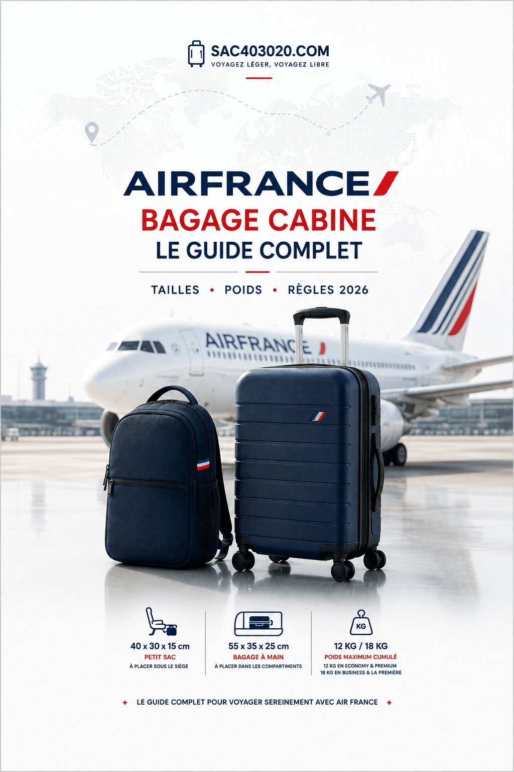Bagage cabine Air France : petit sac 40x30x15 cm, bagage à main 55x35x25 cm et poids autorisé