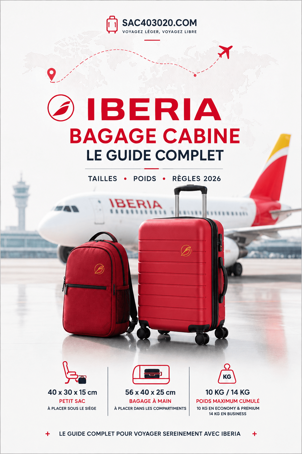 Bagage cabine Iberia : accessoire personnel 40x30x15 cm, bagage cabine 56x40x25 cm et poids maximum 10 kg