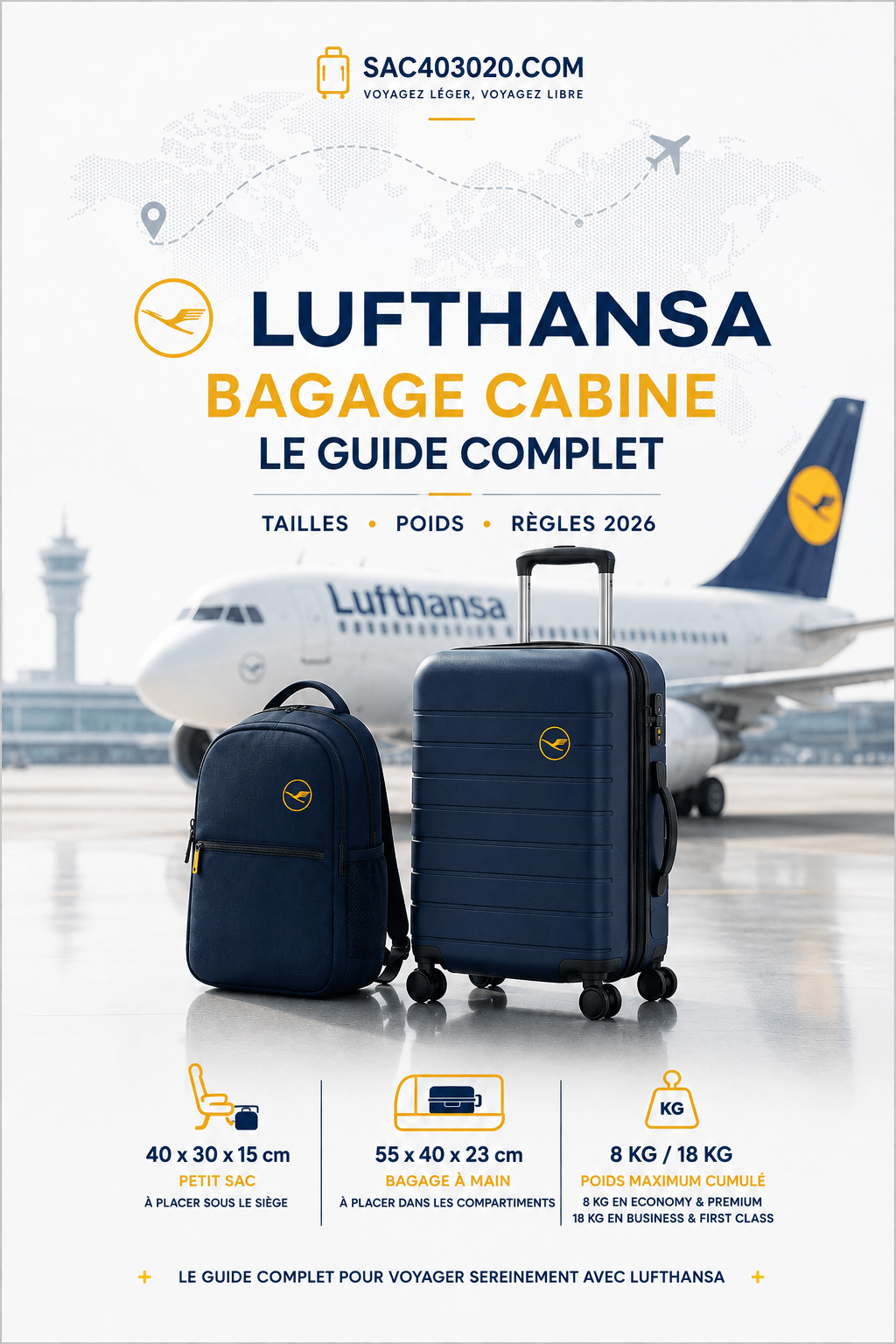 Bagage cabine Lufthansa : petit sac 40x30x15 cm, bagage cabine 55x40x23 cm et poids maximum 8 kg