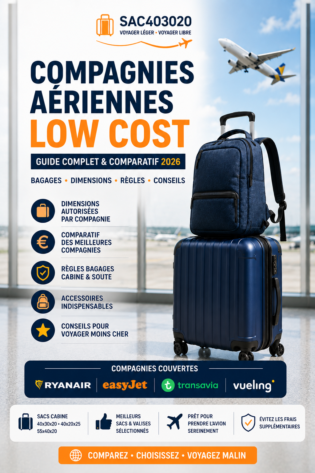 Compagnies aériennes low cost avec comparaison des dimensions et règles des bagages cabine