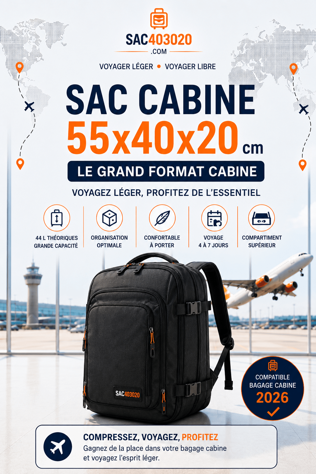 Sac cabine 55x40x20 grand format pour voyager en avion