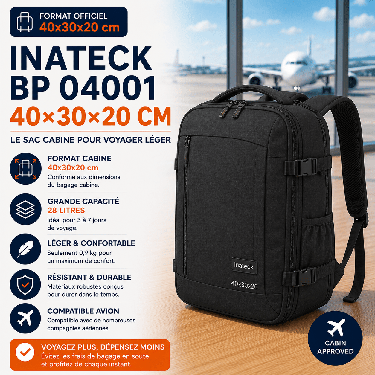 Inateck BP04001 40x30x20 sac cabine avec compartiments