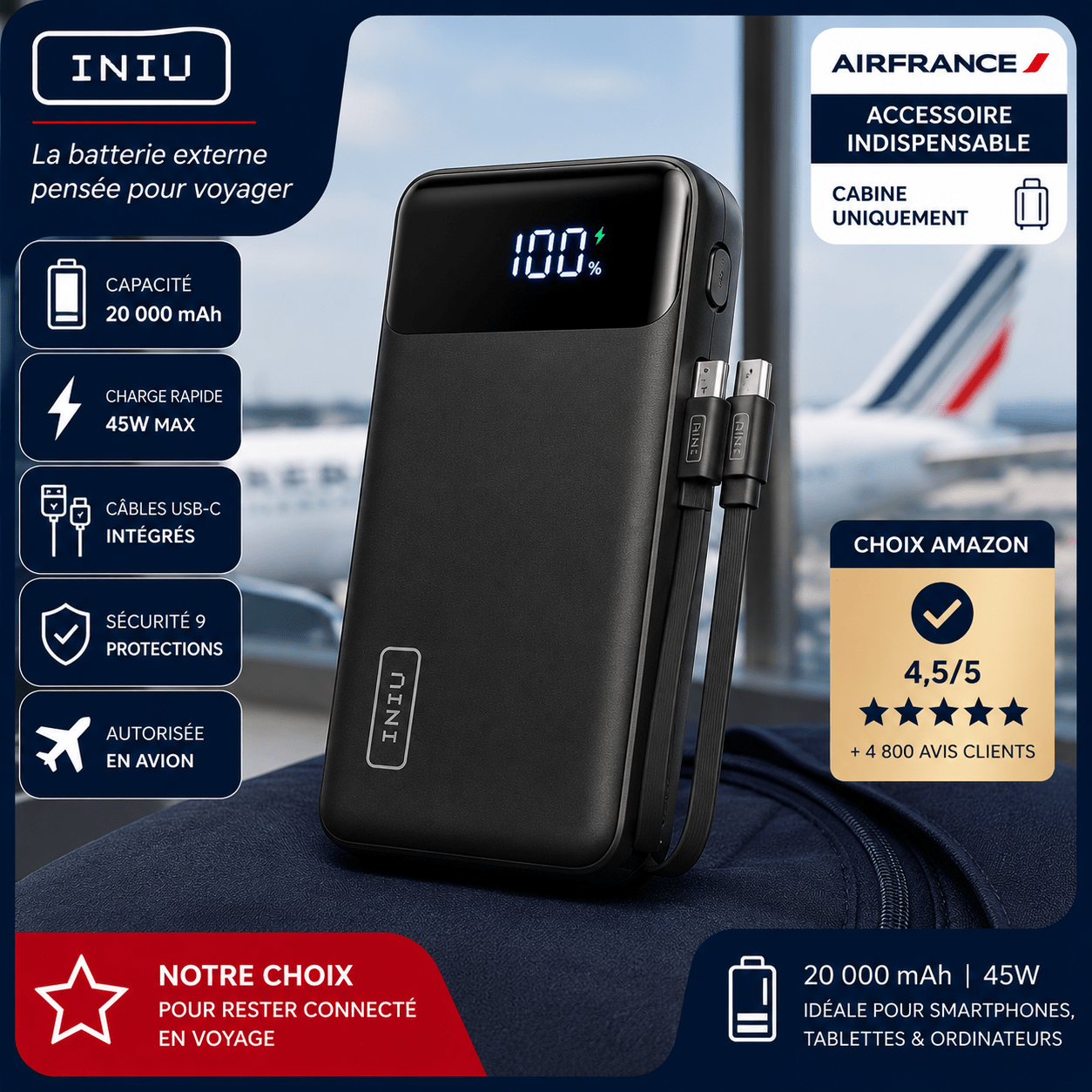 Batterie externe compacte pour voyage en avion avec Air France