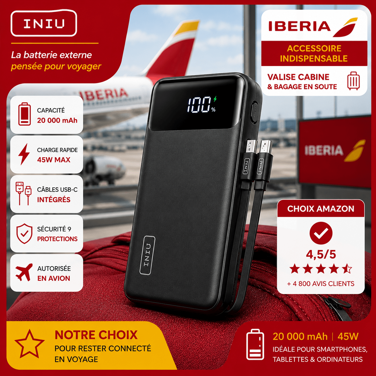 Batterie externe INIU 20000 mAh 45 W pour voyage en cabine avec Iberia