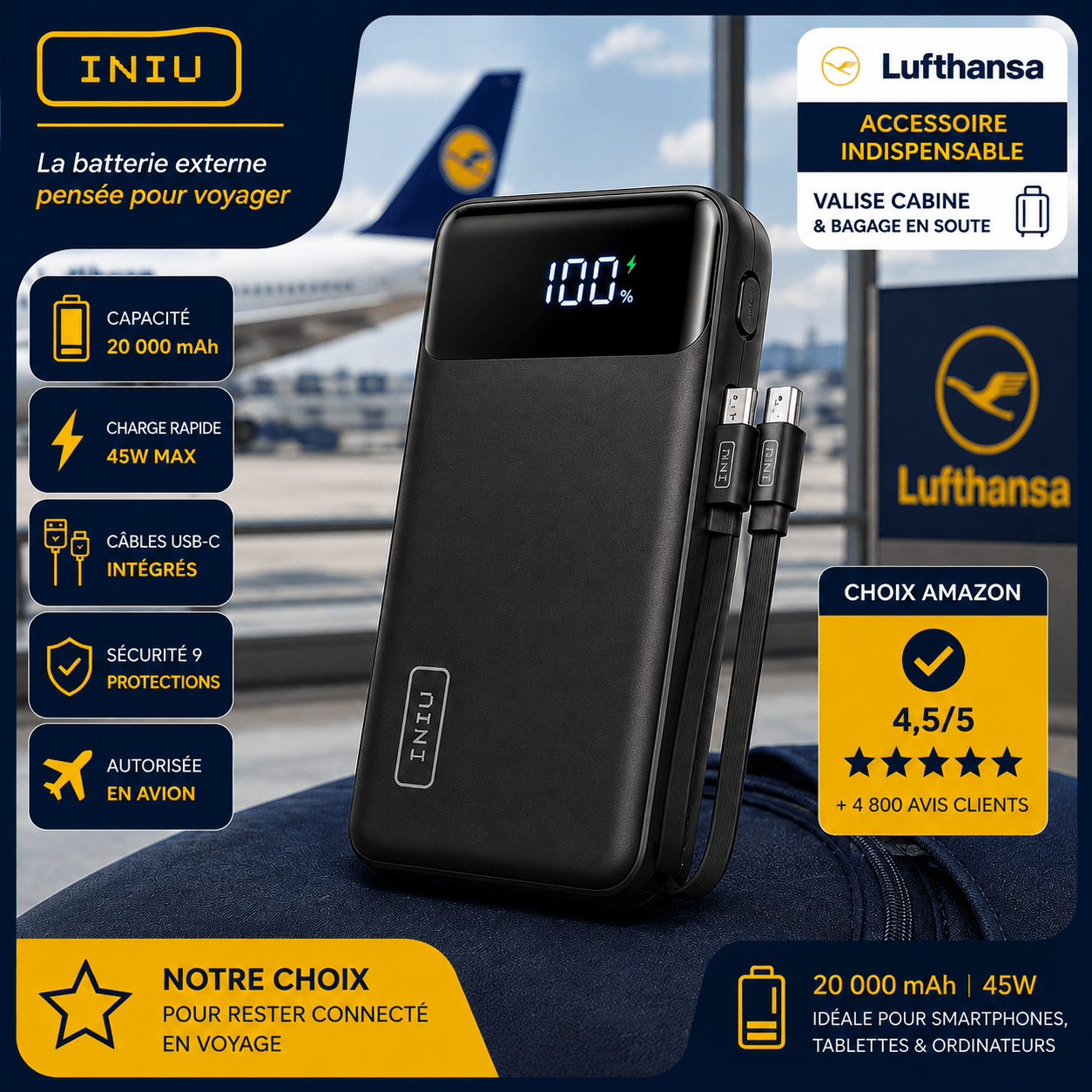 Batterie externe INIU 20000 mAh 45 W pour voyage en cabine avec Lufthansa