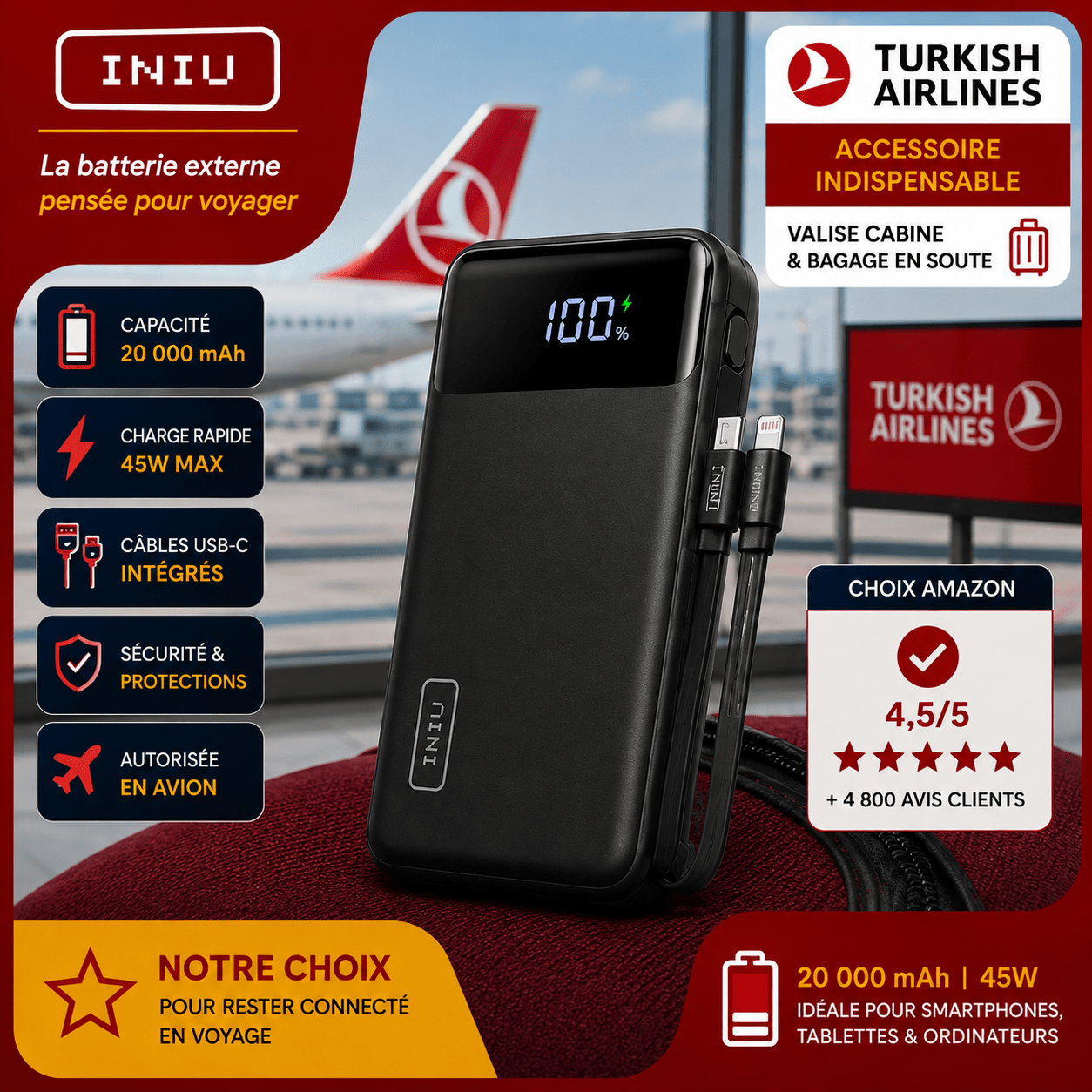 Batterie externe INIU 20000 mAh 45 W pour vol et correspondance Turkish Airlines