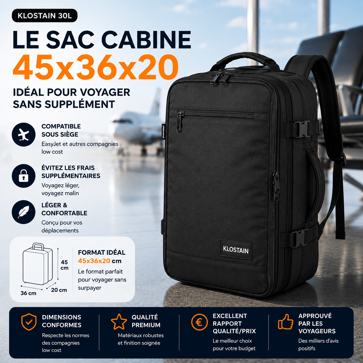 Sac KLOSTAIN 45x36x20 30L pour petit bagage cabine EasyJet