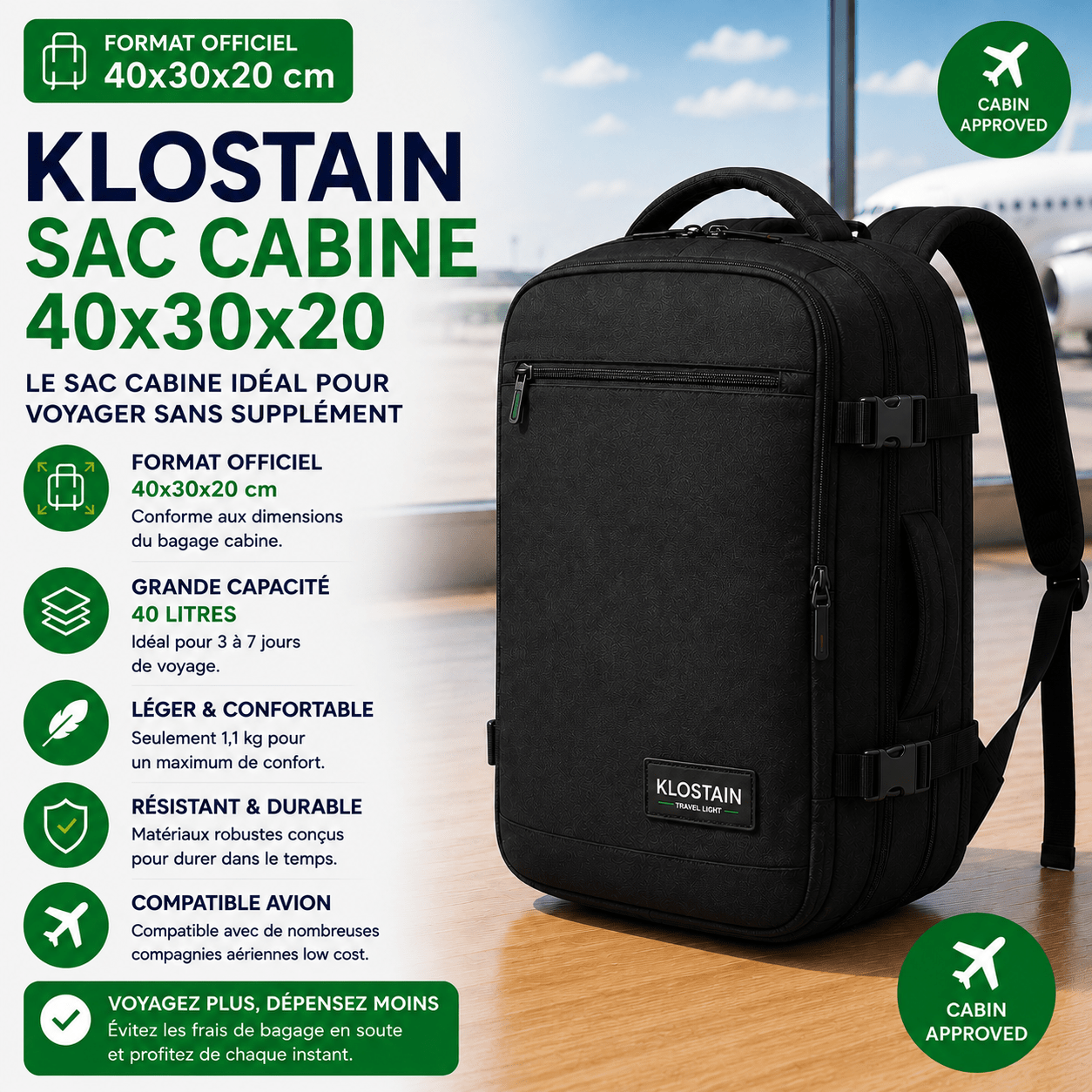 Sac KLOSTAIN 40x30x20 pour petit bagage Transavia