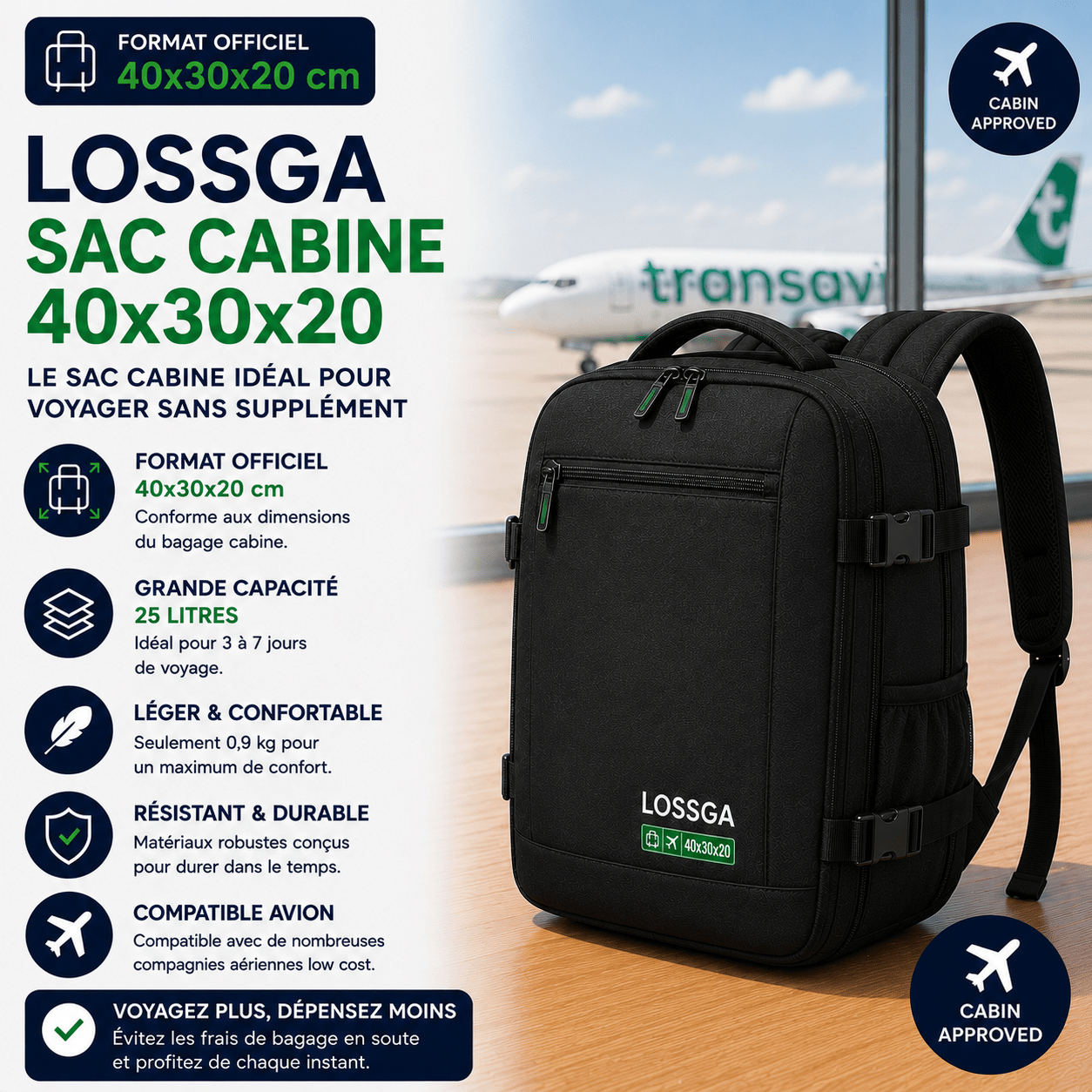 Sac Lossga 40x30x20 pour petit bagage Transavia
