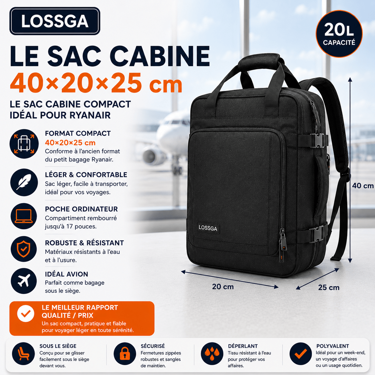 Lossga sac Ryanair 40x20x25 pour petit bagage sous siège