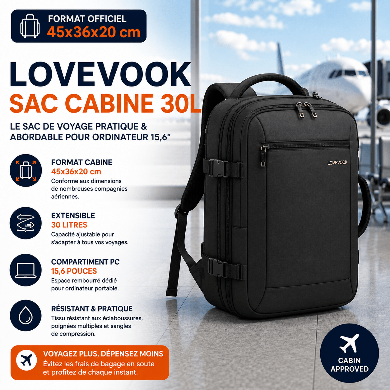 LOVEVOOK sac cabine extensible avec compartiments pour voyage