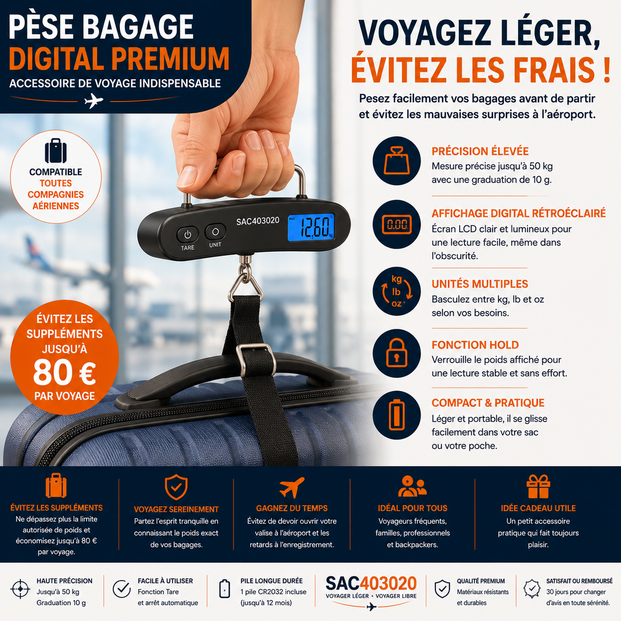 Pèse-bagage électronique pour éviter les frais de bagages