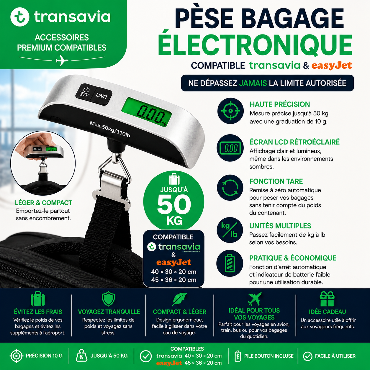 Pèse-bagage électronique compatible EasyJet et Transavia