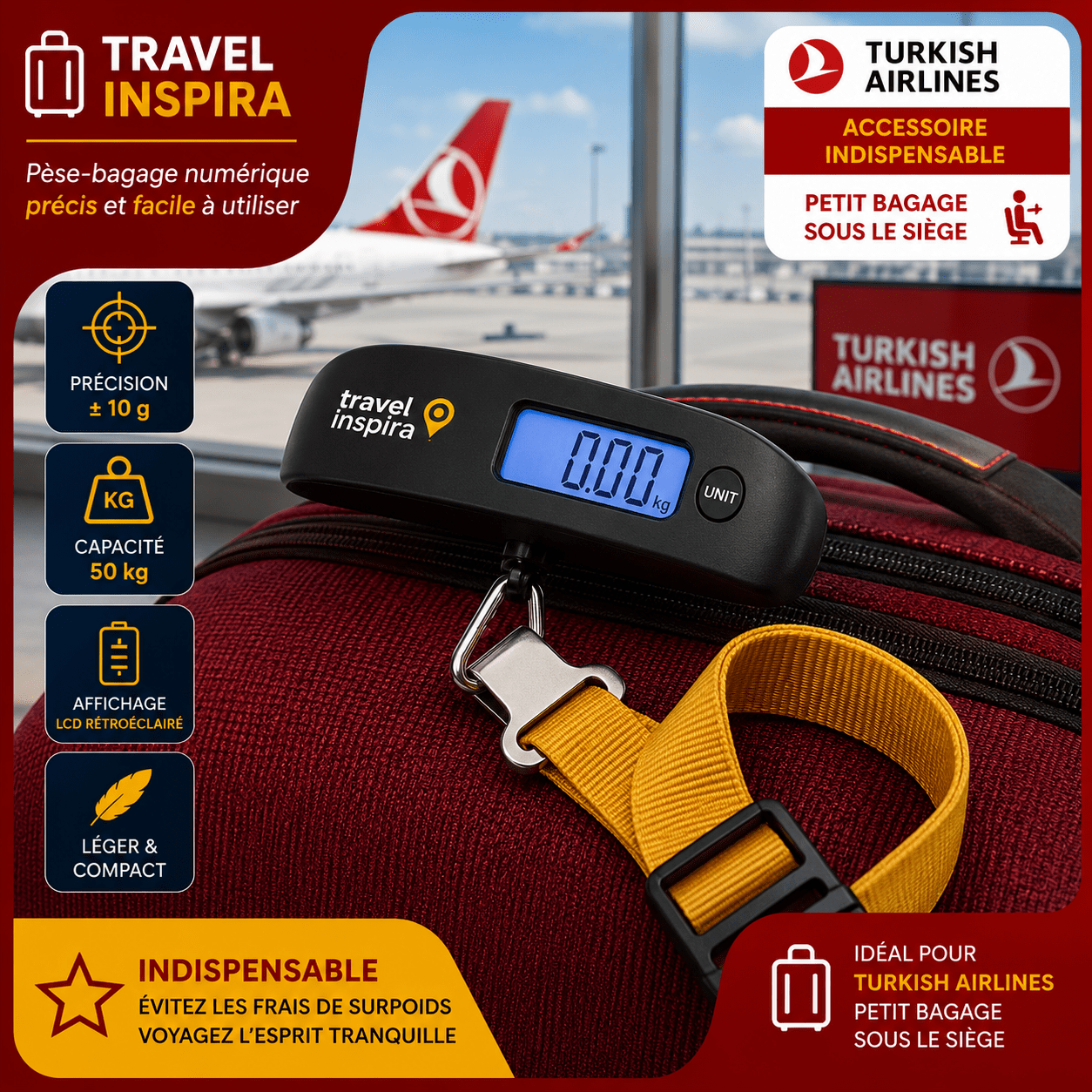 Pèse-bagage numérique pour contrôler les limites de 4 kg et 8 kg Turkish Airlines