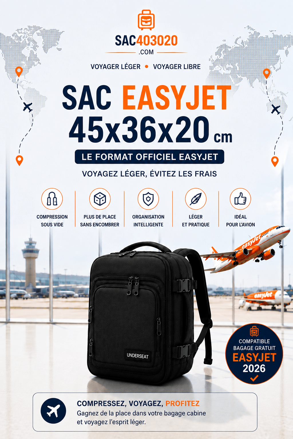 Sac EasyJet 45x36x20 pour petit bagage cabine sous le siège