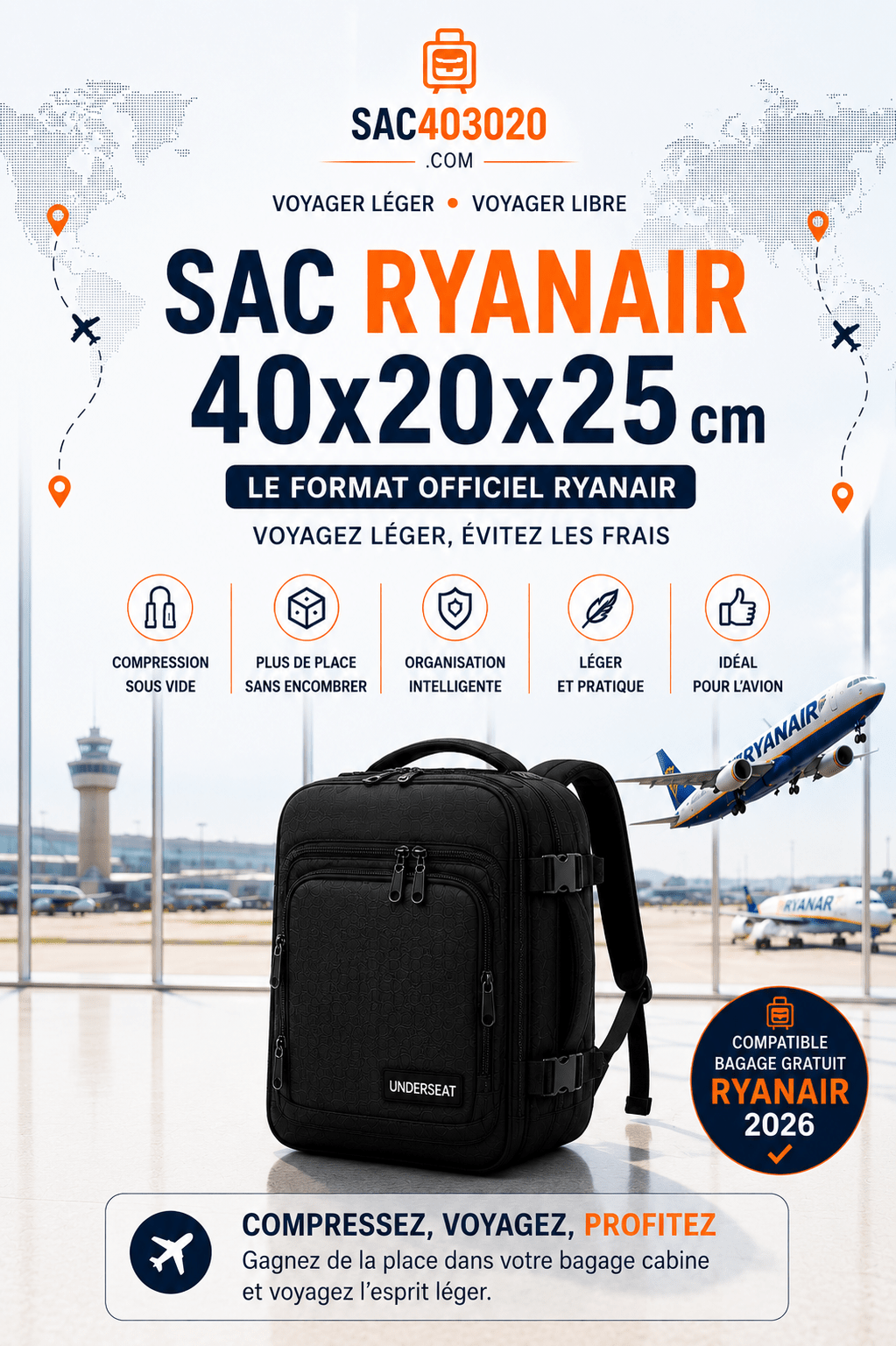 Sac Ryanair 40x20x25 comparé au nouveau format 40x30x20