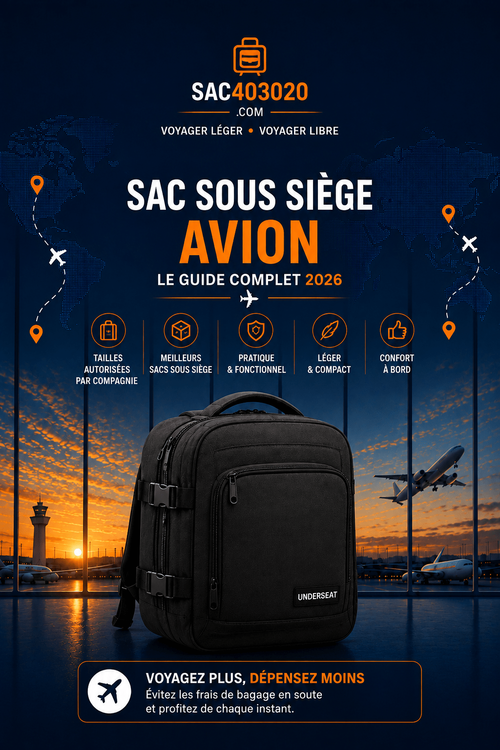 Sac sous siège avion compact compatible avec les dimensions des bagages personnels des compagnies aériennes