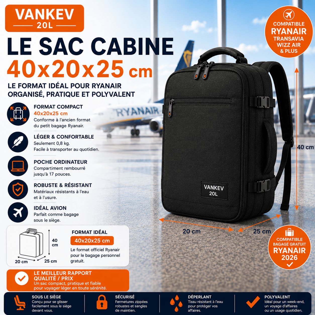 VANKEV 20L sac à dos Ryanair 40x20x25 avec compartiment ordinateur