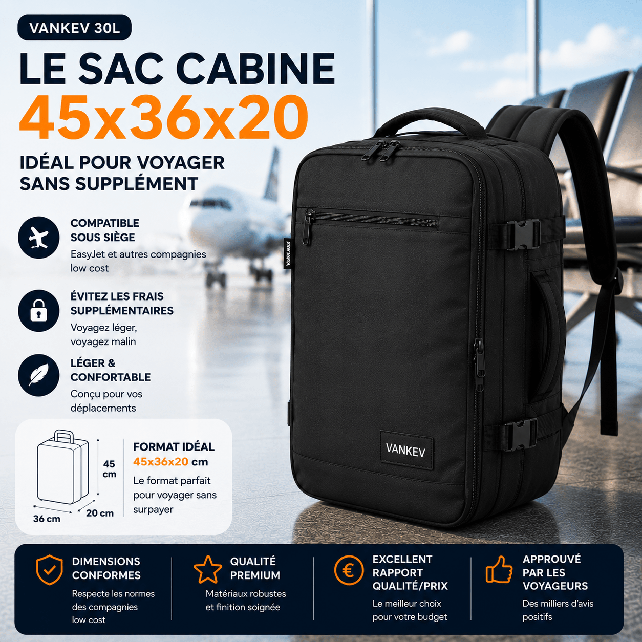 Sac VANKEV 30L 45x36x20 pour petit bagage cabine EasyJet