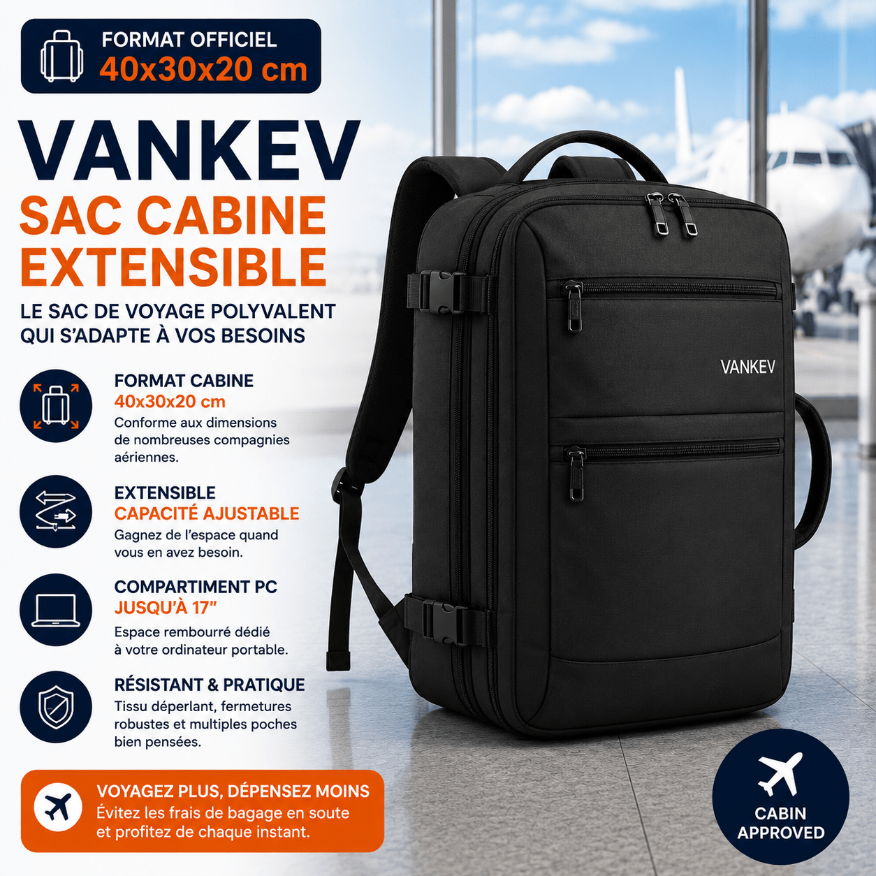 VANKEV sac cabine extensible pour voyage en avion