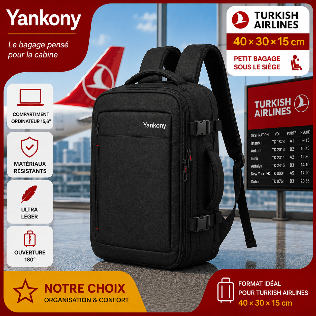 Sac cabine Yankony 40x30x15 compatible Turkish Airlines sous le siège