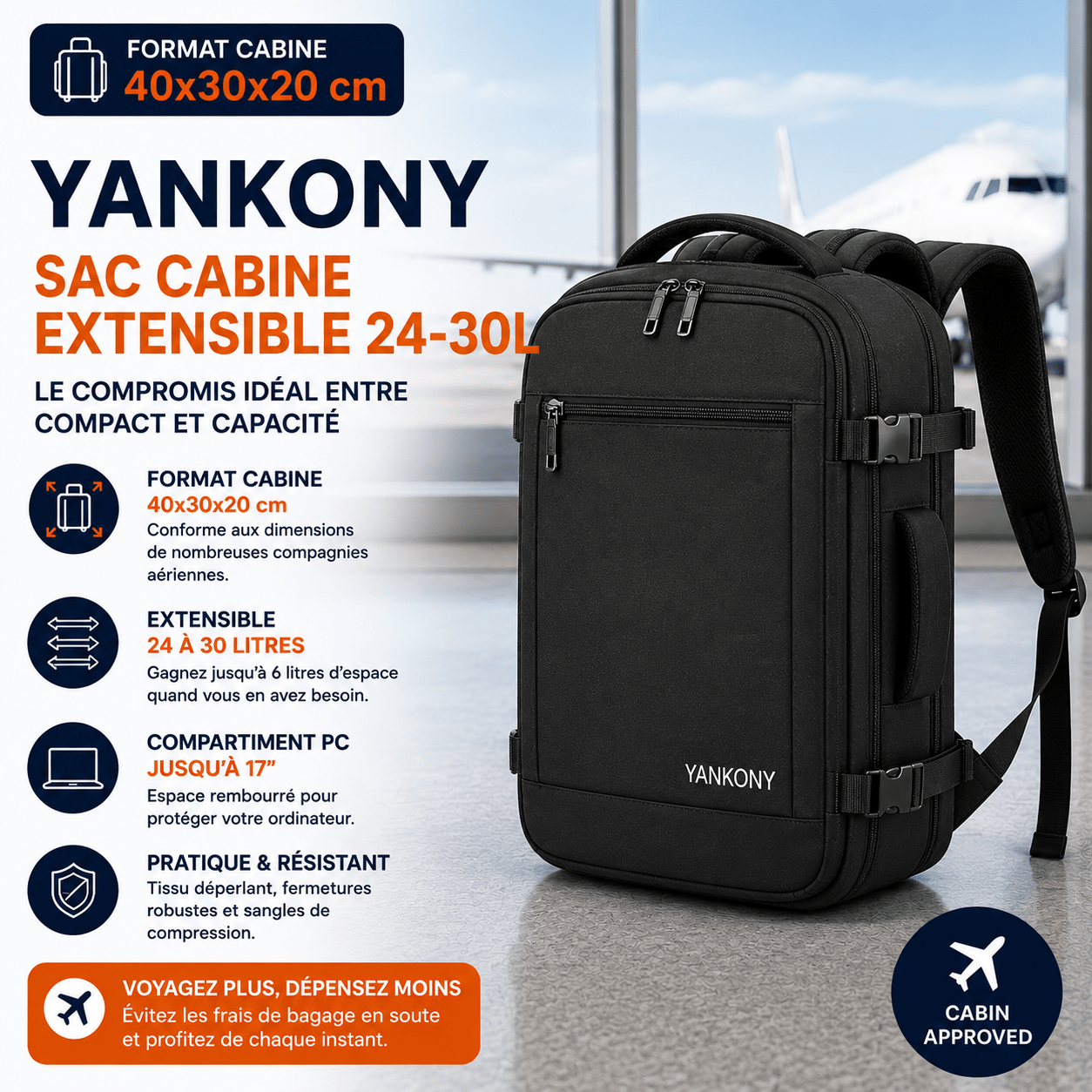 Yankony sac cabine extensible 40x30x20 pour voyage en avion