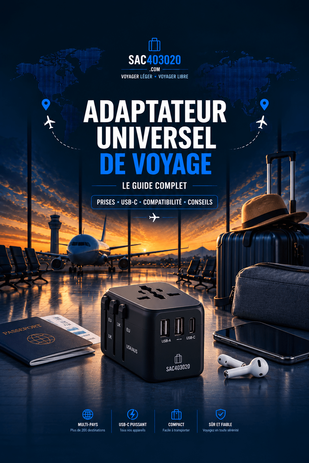 Adaptateur universel de voyage avec prises internationales et ports USB-C