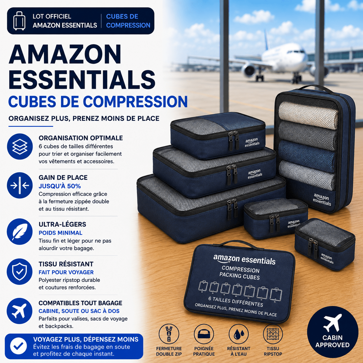 Amazon Essentials cubes de rangement compression ultra-légers lot de 6