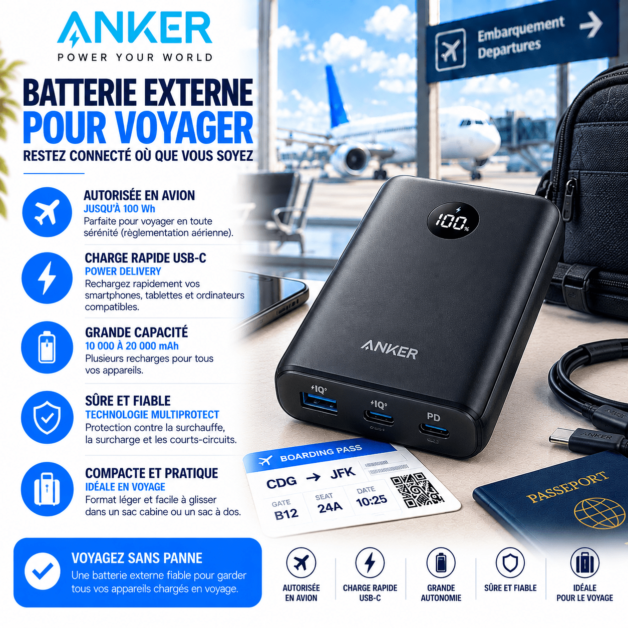 Batterie externe Anker USB-C pour voyage en avion