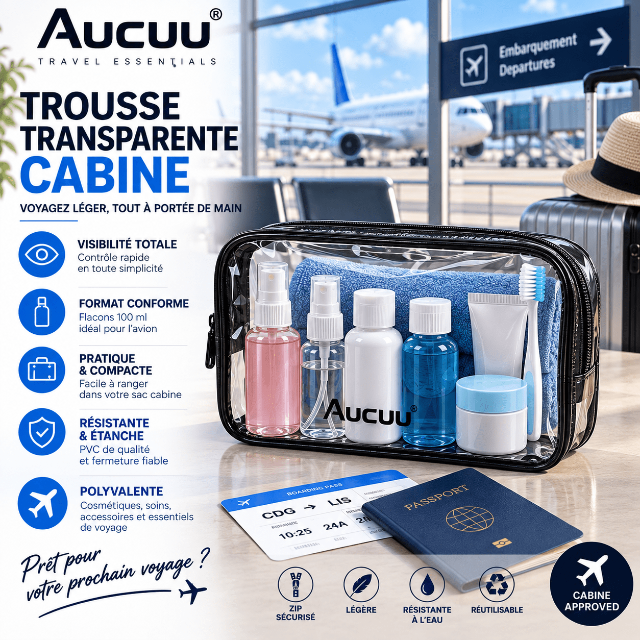 Aucuu lot de 2 trousses transparentes cabine en PVC pour voyage en avion