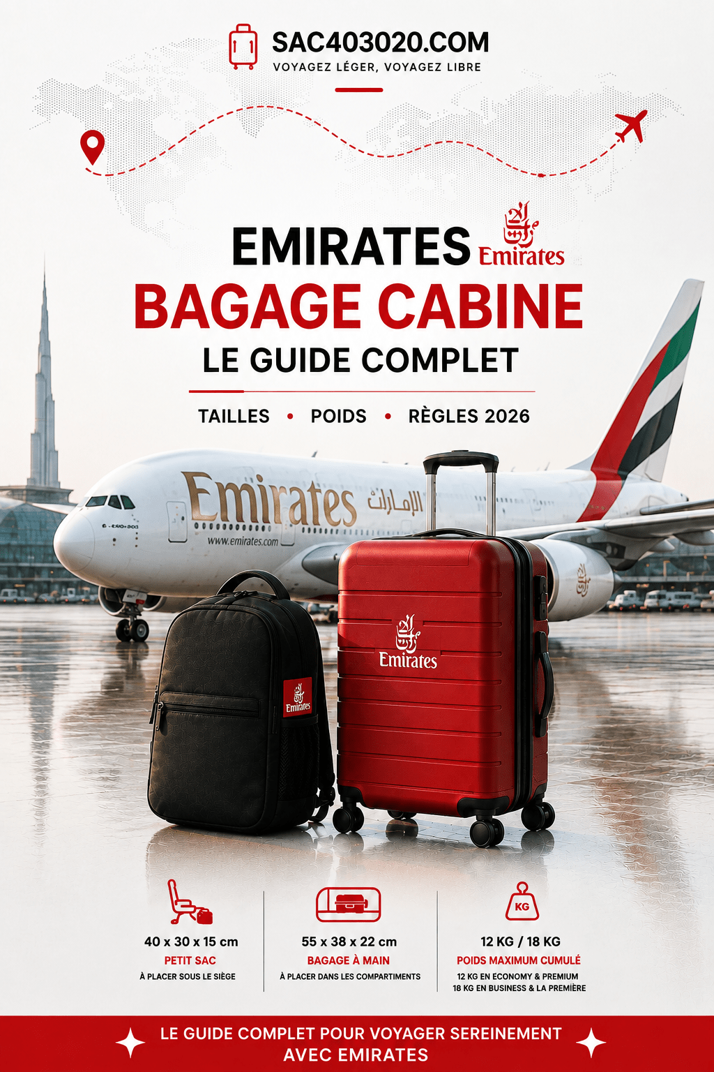 Bagage cabine Emirates 55x38x22 cm : 7 kg en Economy, 10 kg en Premium Economy et franchise Business First