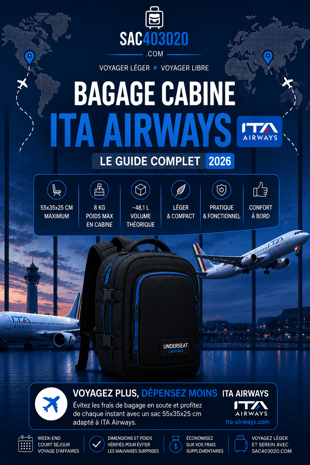 Bagage cabine ITA Airways 55x35x25 dimensions 8 kg et article personnel