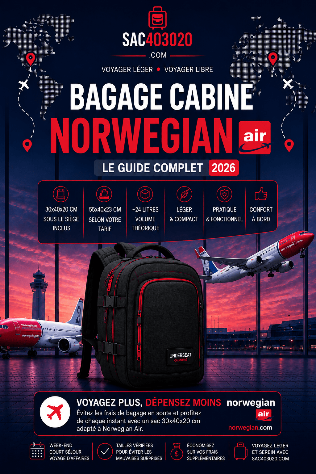Bagage cabine Norwegian 30x40x20 et 55x40x23 dimensions poids et règles