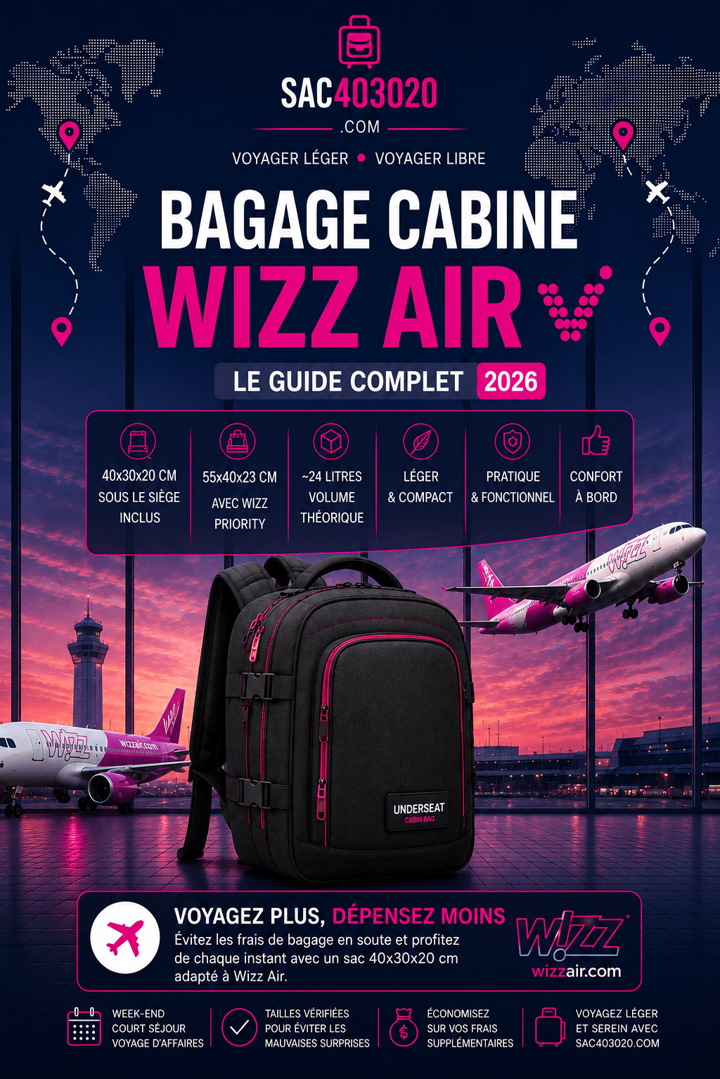 Bagage cabine Wizz Air 40x30x20 gratuit et 55x40x23 avec WIZZ Priority