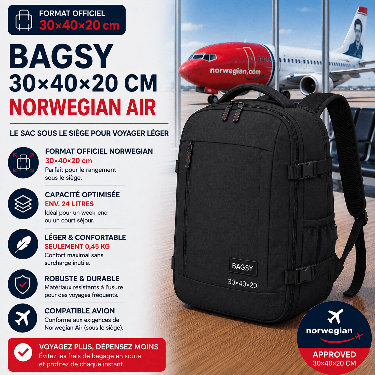 Sac BAGZY 40x30x15 pour petit bagage Norwegian 30x40x20