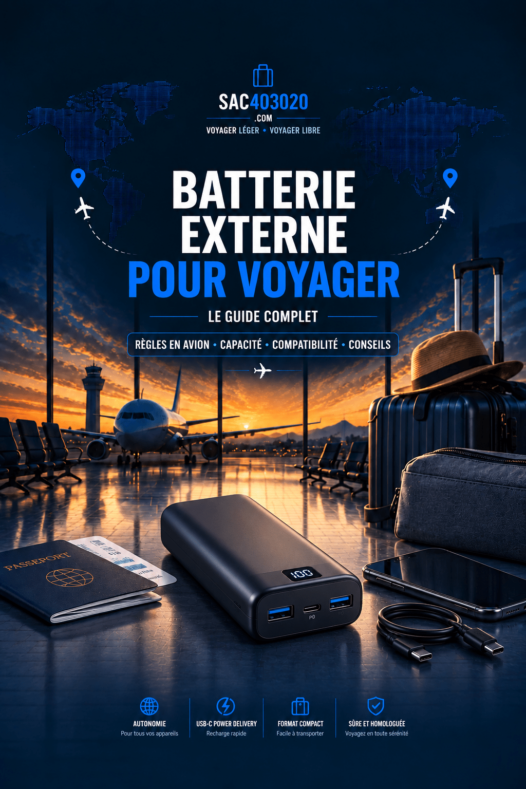 Batterie externe en avion avec USB-C et capacité adaptée au voyage