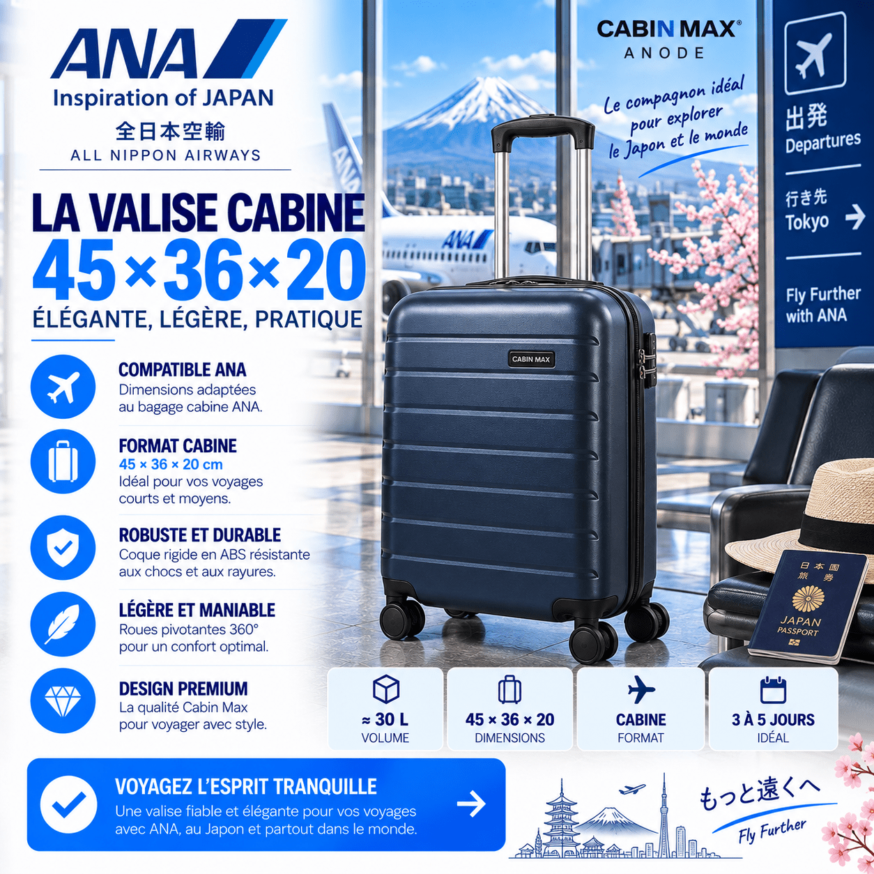 Cabin Max Anode 45x36x20 format proche du bagage cabine ANA pour vol intérieur