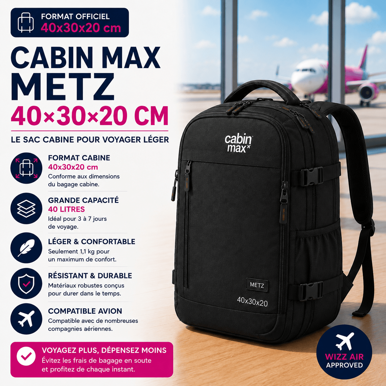 Cabin Max Metz 40x30x20 sac cabine Wizz Air sous le siège
