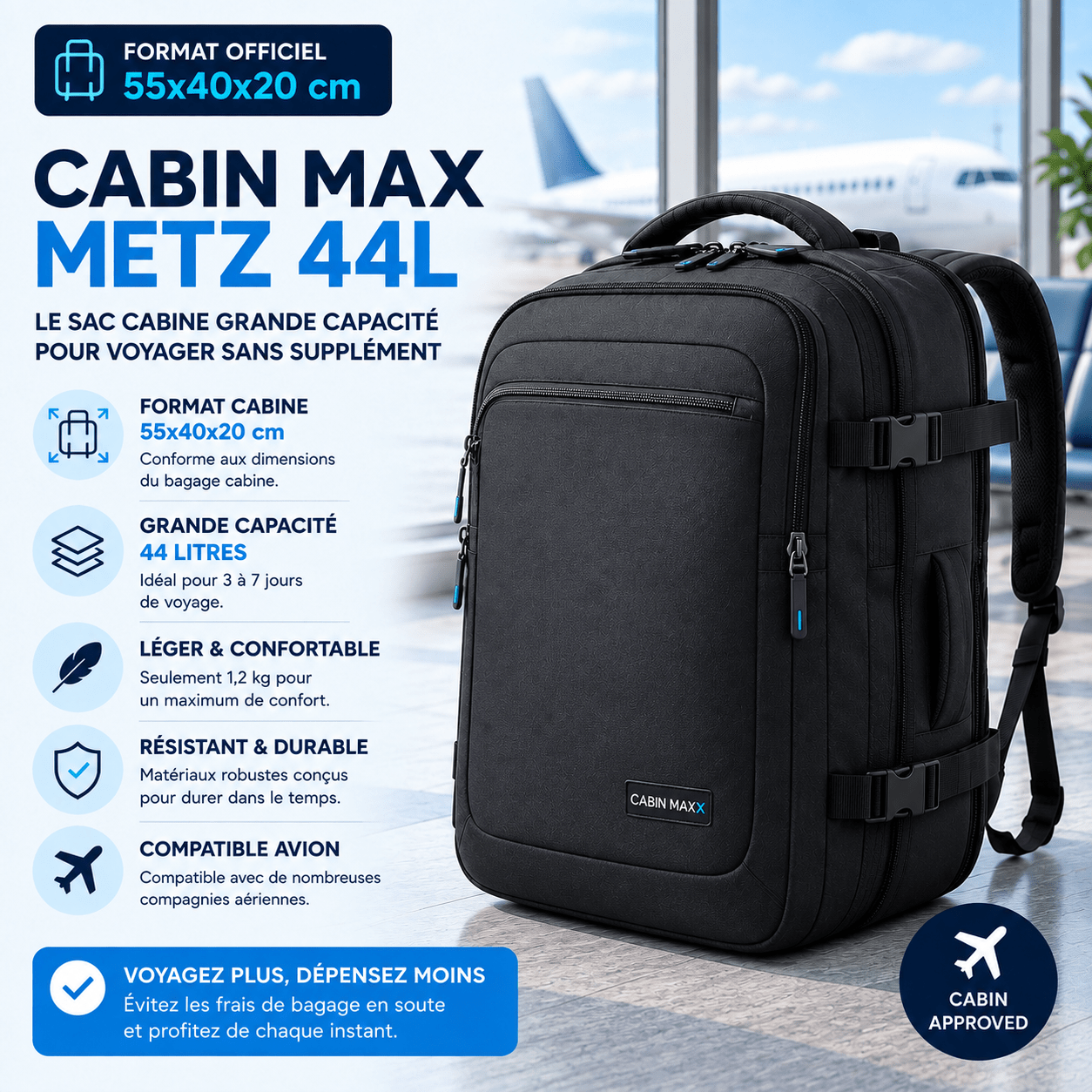Cabin Max Metz 44L sac cabine 55x40x20 grand format pour compartiment supérieur