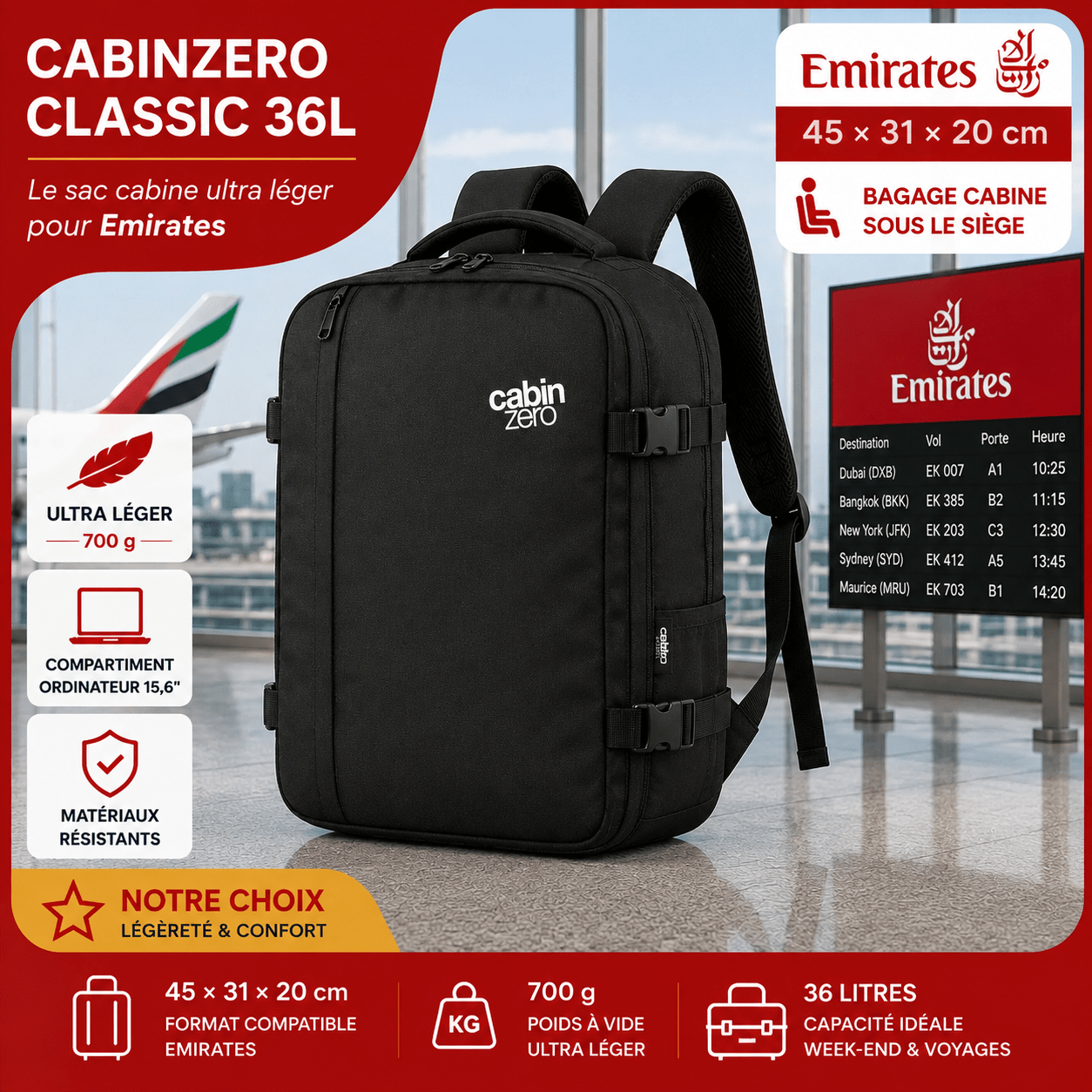 CabinZero Classic 36L sac cabine léger compatible avec le gabarit Emirates