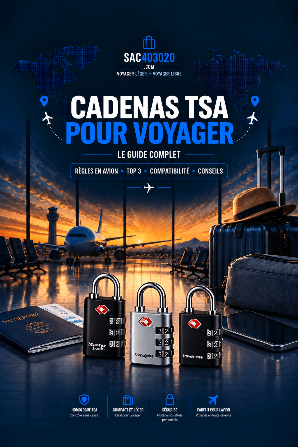 Cadenas TSA pour avion et voyage avec modèles à combinaison pour sécuriser les bagages