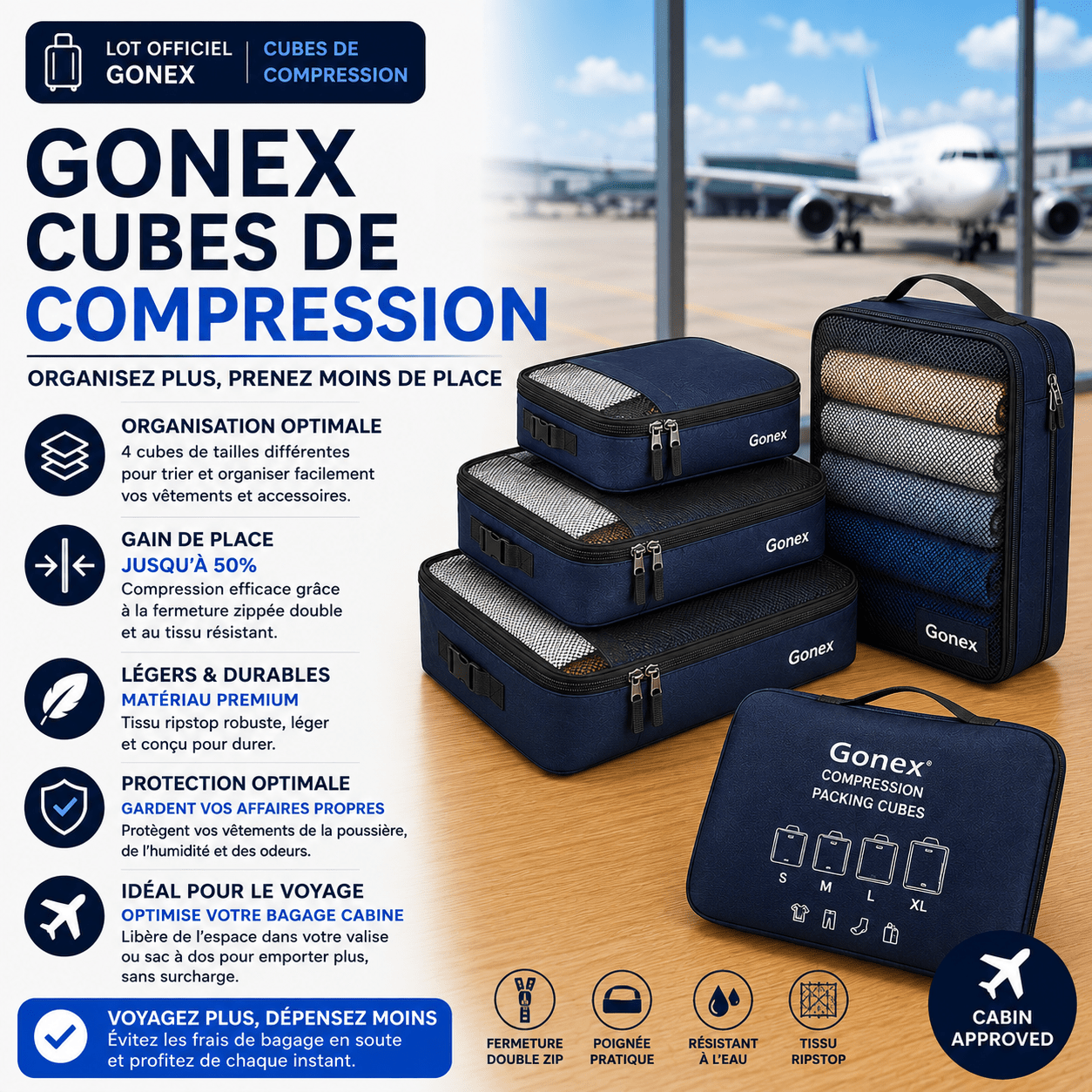 Gonex cubes de rangement compression lot de 4 pour bagage cabine