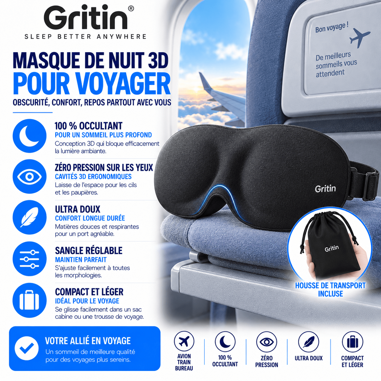 Gritin masque sommeil 3D ergonomique pour avion et voyage