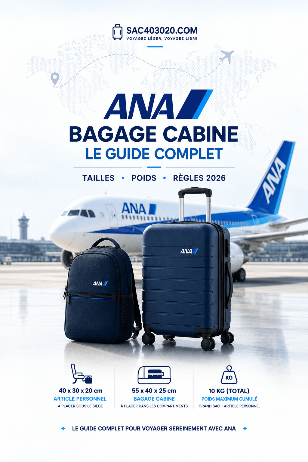 Bagage cabine ANA 2026 pour le Japon : 55x40x25 cm, article personnel 40x30x20 cm et limite totale de 10 kg