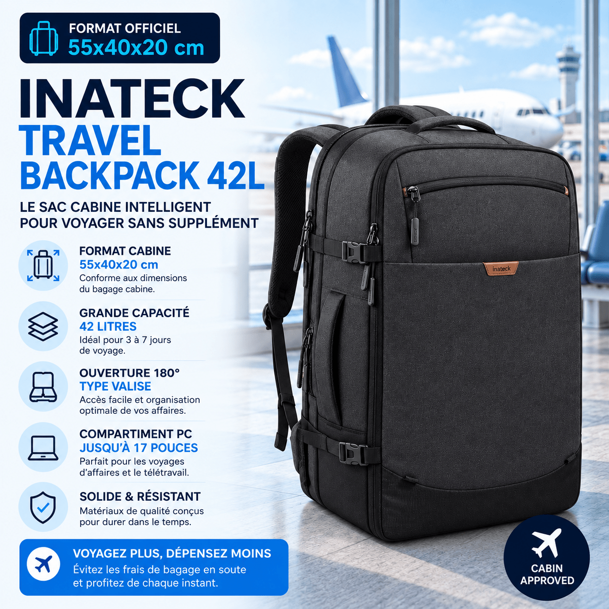 Inateck 42L sac cabine grand format pour ordinateur et voyage de plusieurs jours