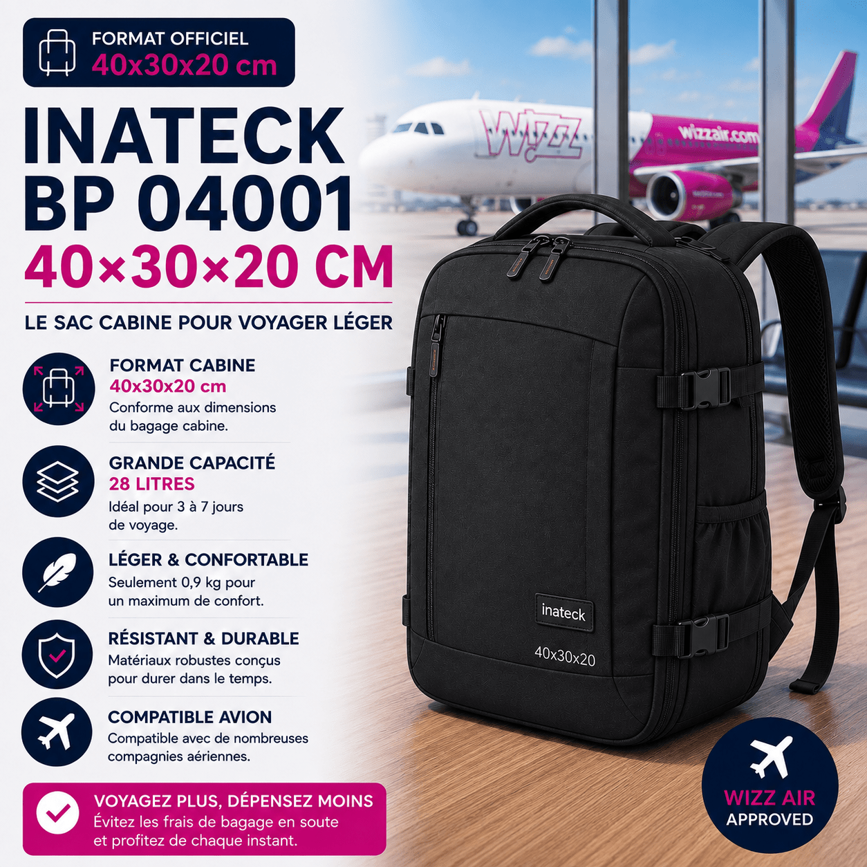 Inateck BP04001 40x30x20 sac cabine Wizz Air pour ordinateur