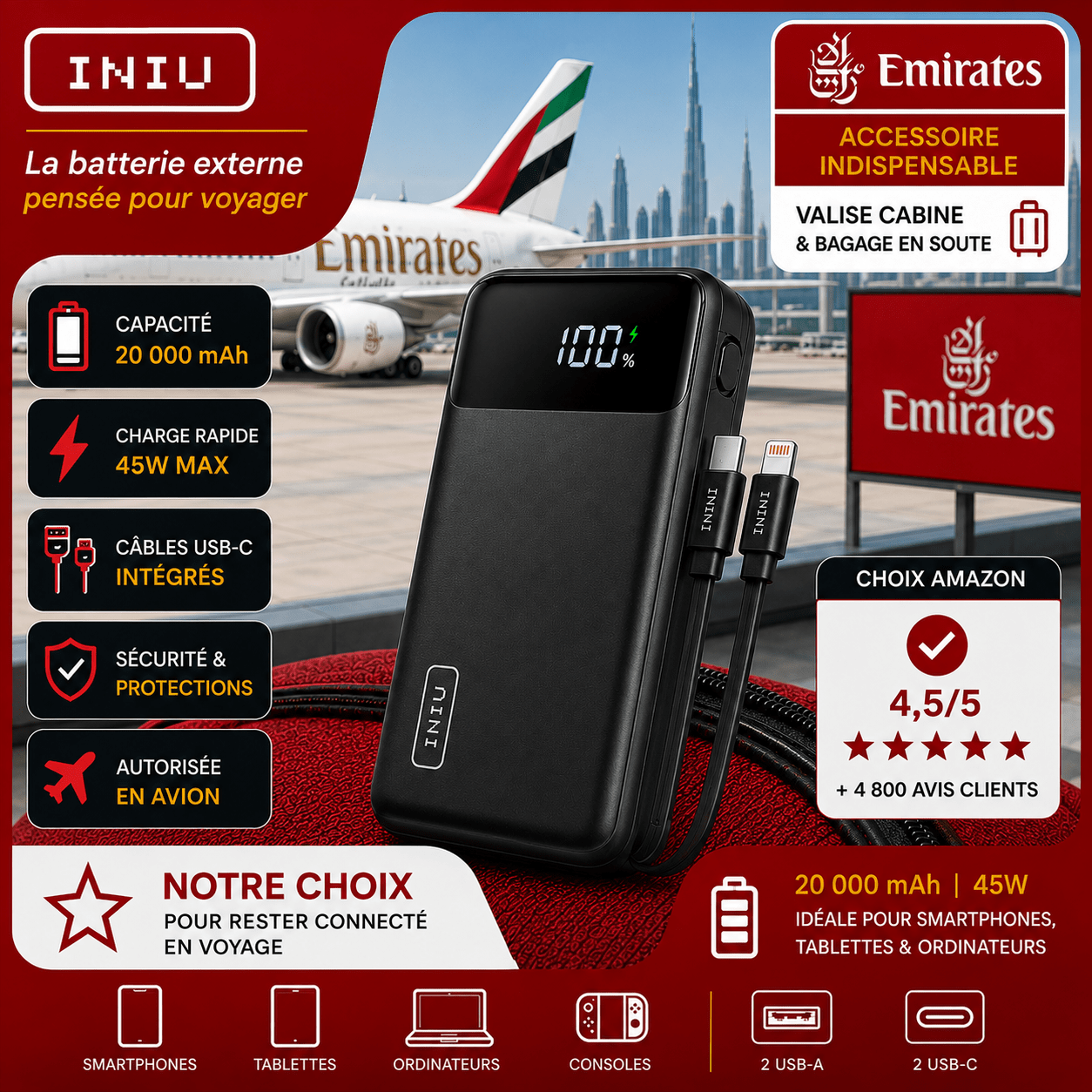 Batterie externe INIU 20000 mAh 45 W pour voyage long-courrier Emirates