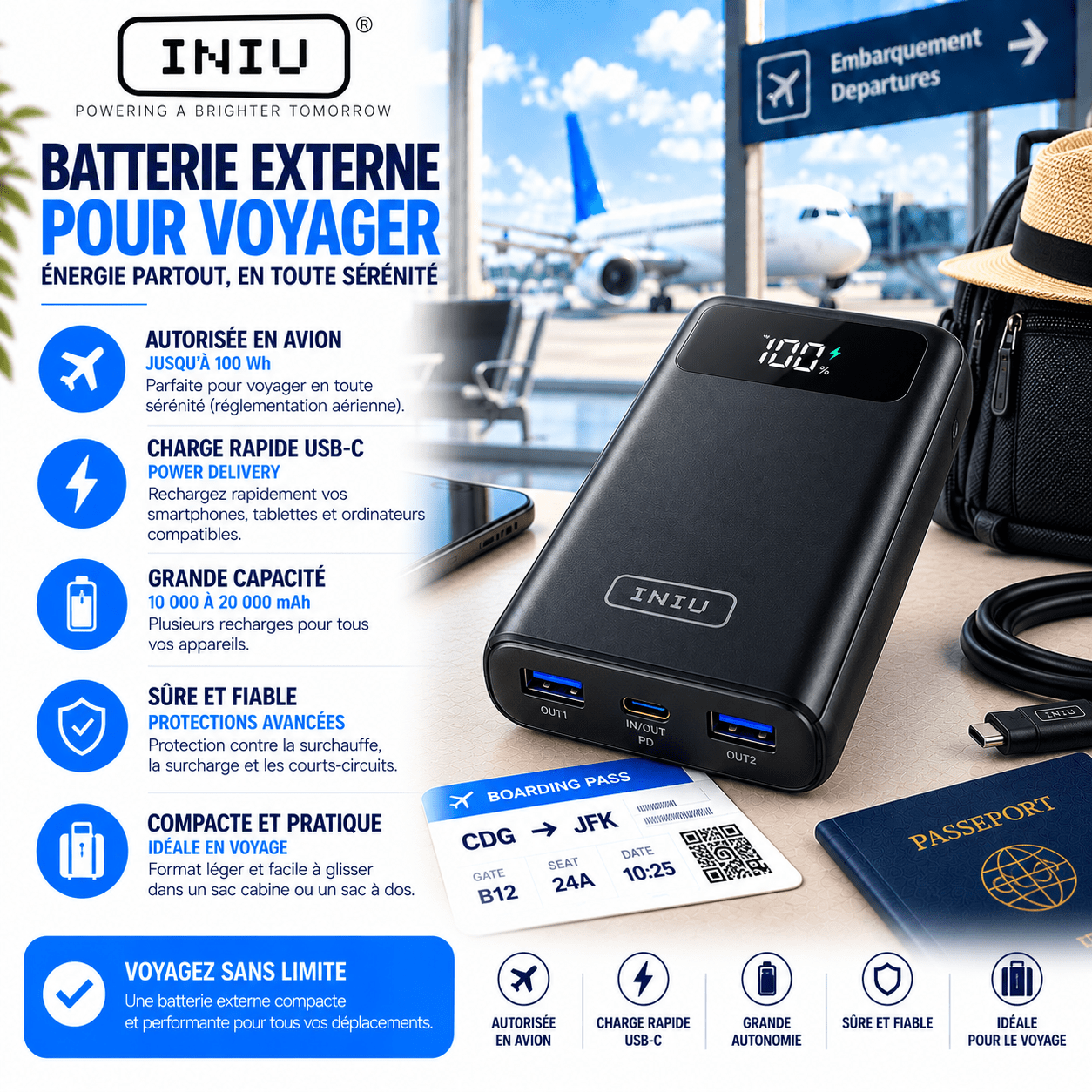 Batterie externe INIU USB-C pour avion et voyage